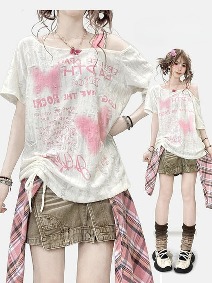 Asymmetrisches Y2K Bittersweet Neckline Letter Butterfly T-Shirt Off-White und Print