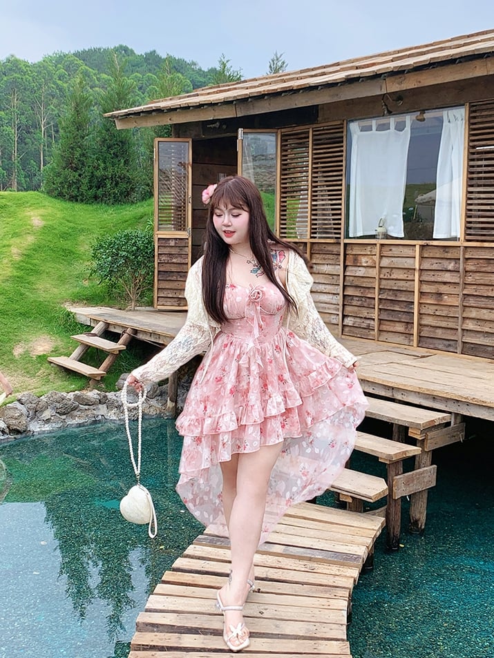 Hollow-out Lace Plus Top Size Straps Apricot Self-tie
