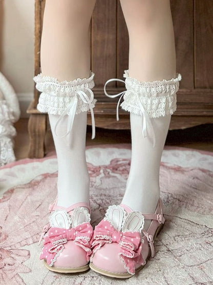 Muster Bunny Polka-dot Lolita an Ohr Schuhe Crisscross Bow Pink Top Design