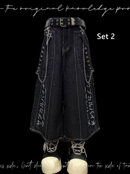 Denim Shorts Y2K Black Letter Print Wide-leg
