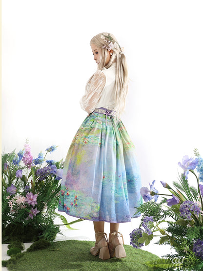 and Water Purple Lily Oil Painting Print Gray Waist Skirt Version Long/Short High