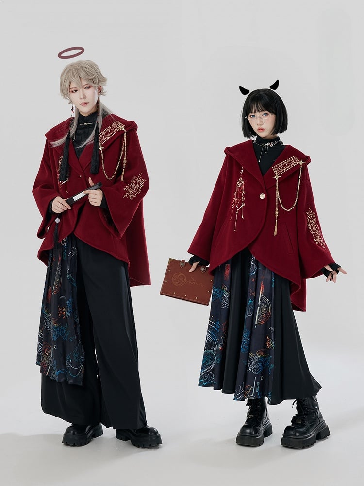 Red New Year Outfit Details Unisex Hooded Cape Coat