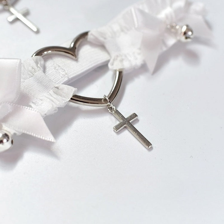 Black/White Bowknot Punk Choker Details Pendant Cross