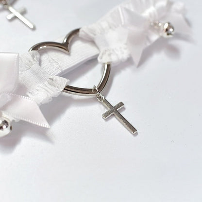 Black/White Bowknot Punk Choker Details Pendant Cross