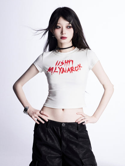 Cropped T-Shirt White Letter Print Bittersweet