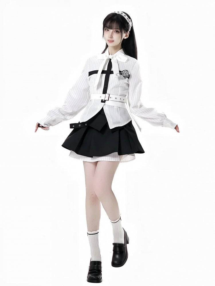 Hemd mit abnehmbarer Schmetterlingsuhr-Brosche, Schleife, schwarz, zum Selbstbinden, weiße Streifen, Kreuz-Design