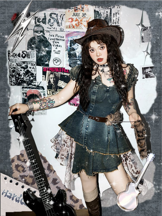 Fashion with Blue Puff Sleeves Denim Dress Leopard Belt Patchwork Plus Size Gyaru Waist