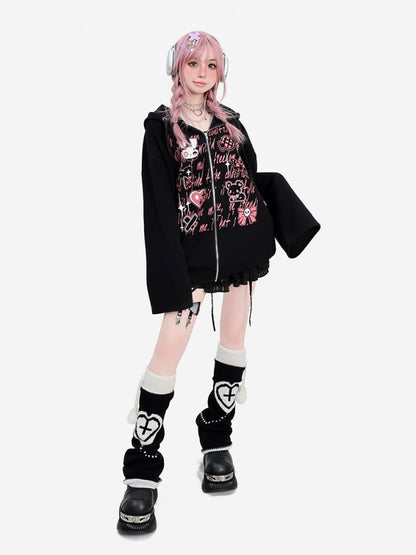 Y2K Graffiti Black Bell Sleeves Loose Zip Hoodie