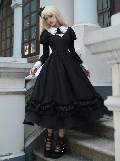 Black Thin Shoulder Straps Scalloped Edge Neckline Classic Lolita Dress