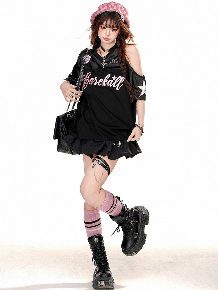White/Black Letters Cutout Shoulder V-neck Sporty T-shirt