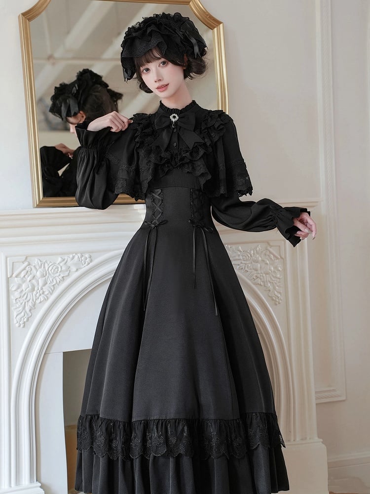 Neckline Lace-up Ruffle with Lolita Dress Shawl Detachable Waist Black Elegant