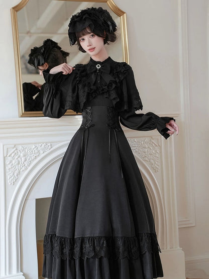 Neckline Lace-up Ruffle with Lolita Dress Shawl Detachable Waist Black Elegant