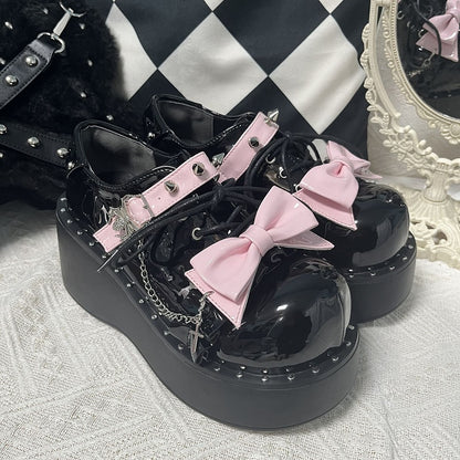 Y2K Polished Black&Pink Stud Bowknot Spider Punk Platform Shoes