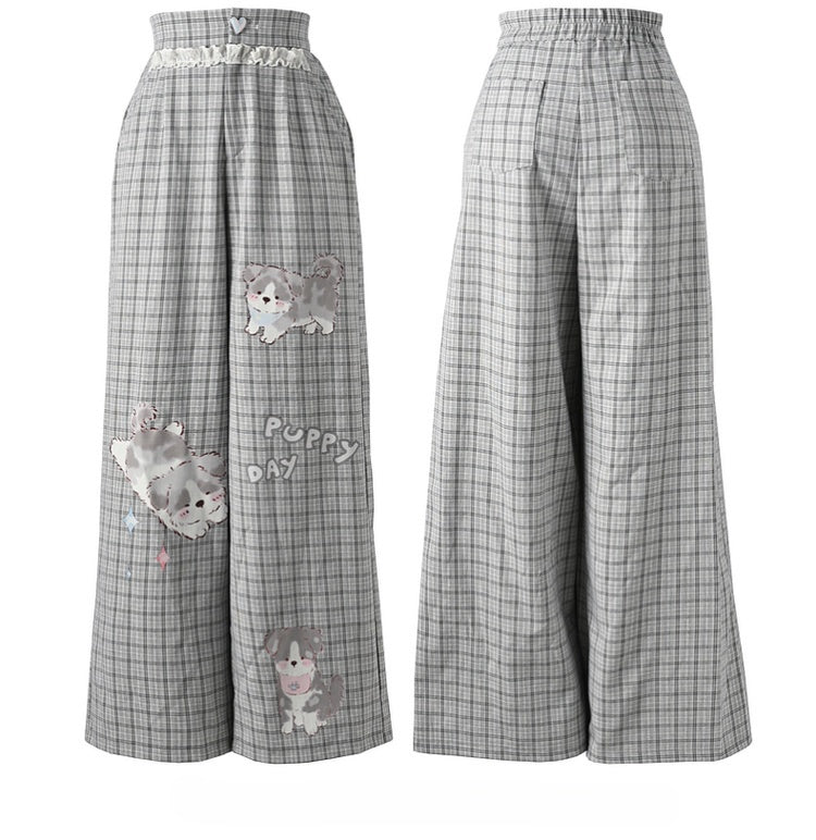Regular/Short Lace Grey Plaid Puppy Print Heart Button Version Wide-Leg Pants Trim