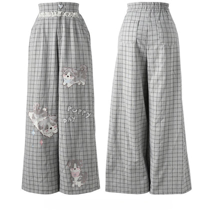 Regular/Short Lace Grey Plaid Puppy Print Heart Button Version Wide-Leg Pants Trim