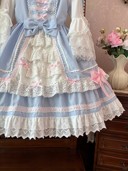 Lace Tiered Trim Sweet Lolita Dress Pink Bowknots Blue JSK