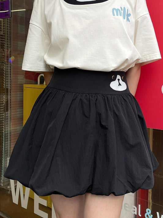 Black Elastic Waist Kitty Bubble Skirt Print