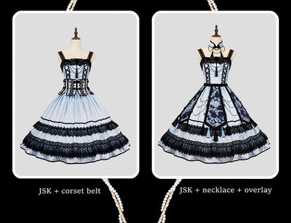 Robe élégante de style chinoiserie bleue et noire + ceinture corset à baleines + ensemble Qi Lolita JSK superposé à pompons