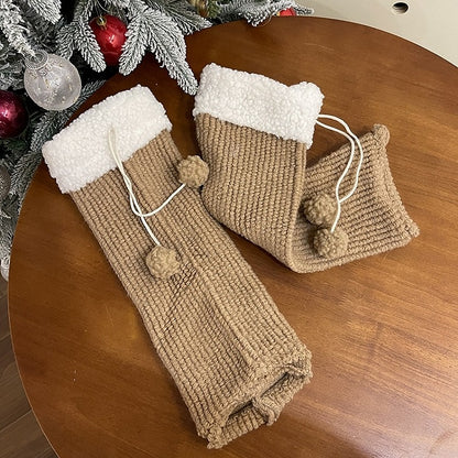 Khaki&Brown Sweet Leg Warmers With Pompons