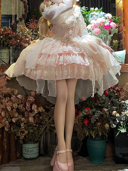Fabric Jacquard Skirt Tiered Lolita Dress Jumper Balletcore Sweet Rosette Pink Accents
