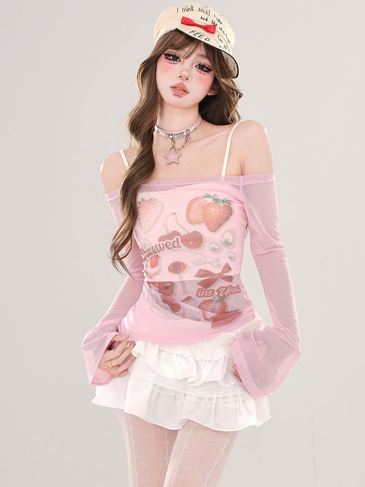 Pink/Apricot Strawberries Print Off-Shoulder Semi-sheer Top with Cami Top Set