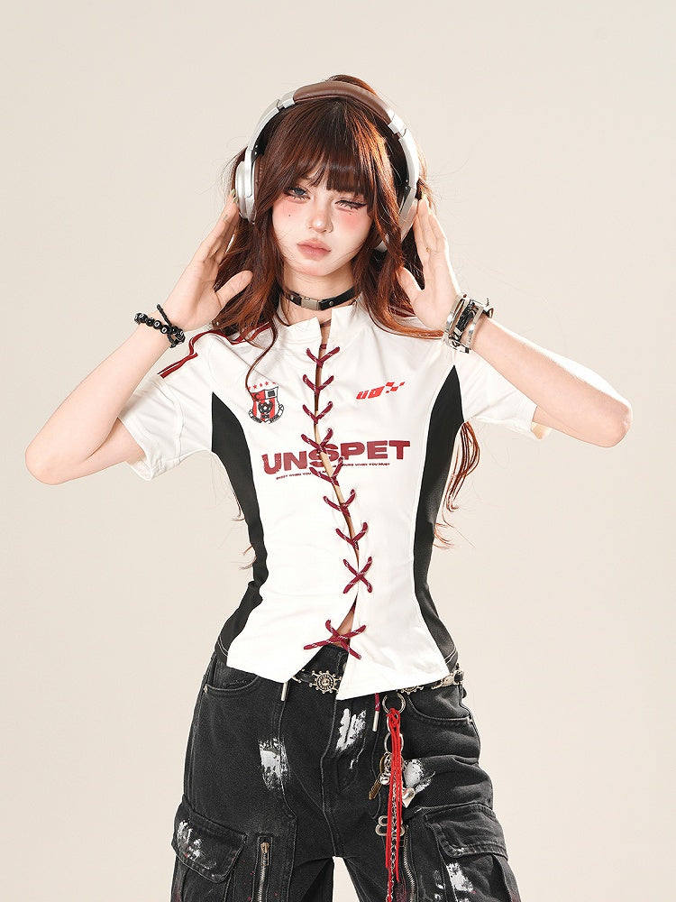 White Lace-up Front Slim-Fit T-Shirt