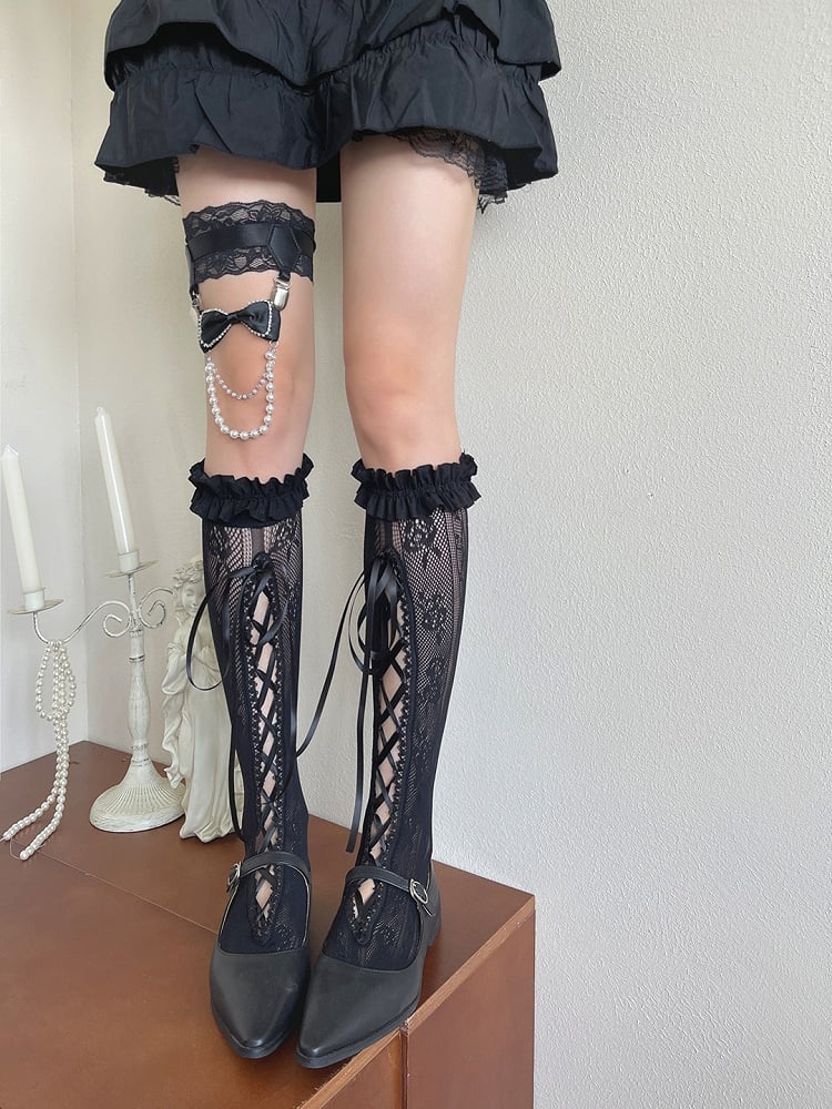 Strands Black Stockings/Lace Lace-up Hollow-out Underknee Leg Beaded Chain Loop/Bowknot