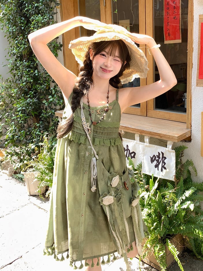 Green Tassel Hem Buttons Embellished Mori Kei Cami Dress Neckline