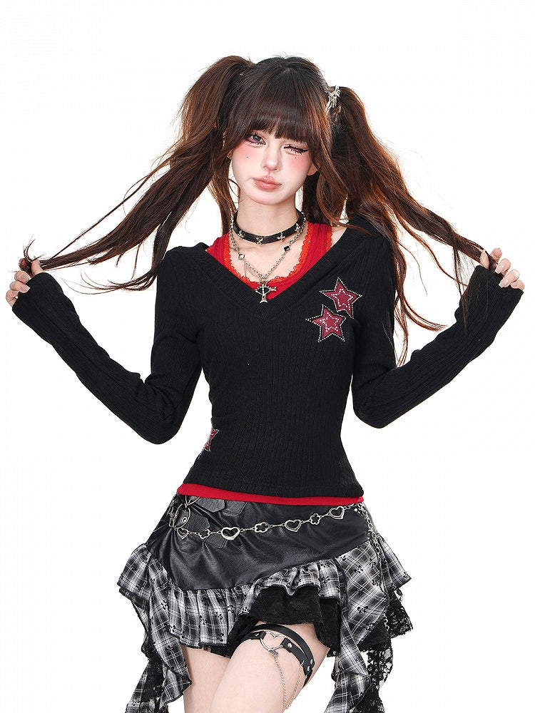 Schwarz Blau/Schwarz Rot Strass Stern Glamouröse Top