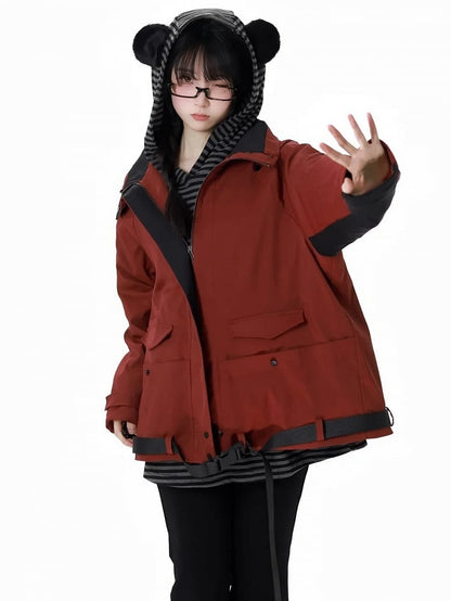 Red and Black Colorblock Sleeves Buckle Strap Unisex Jacket