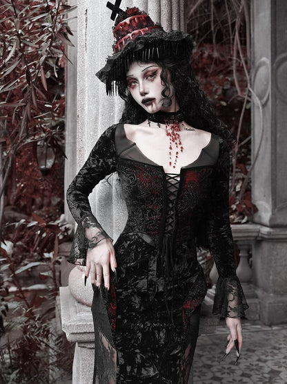 Wings Romantic Velvet and Shaped Lace Neckline Bat Vampire Dress Goth Mermaid
