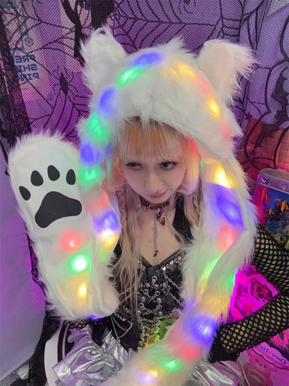 White Shaggy Scarf Gloves and Hat All-in-one with with LED Lights