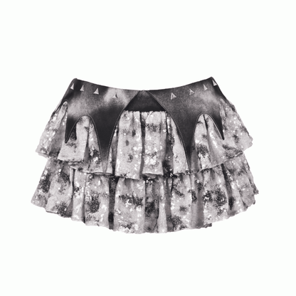 Fashion Waistband Skirt Low Y3K Waist Bat Wing Detail Sequins Tiered Cyberpunk Futuristic Silver Gray