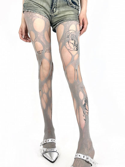 Punk Asymmetrical Design Tights Cut-out Fishnet Color 4 Options