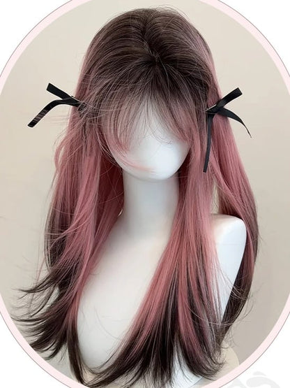 Pink-black Ombre Under Bust Length Straight Synthetic Wig With Bangs