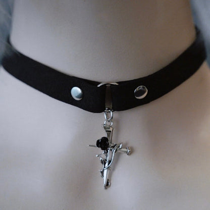 Cross Decorated Choker Gothic Pendant Rosette Black