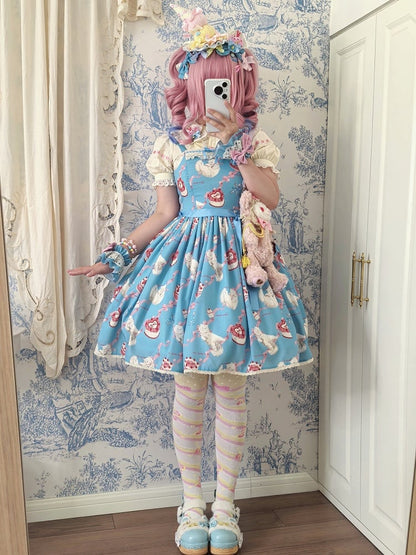 Dress Print Skirt Cute Lolita Jumper Showa Fluffy Kitty Blue Sweet