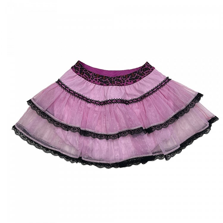 Jupe en tulle à volants et taille léopard rose