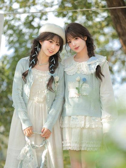Yume Kawaii Blue Floral Embellishment Knitted Cardigan