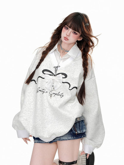 Gray Collar Bow Two-Piece Faux Sweatshirt Polo with Detachable -
