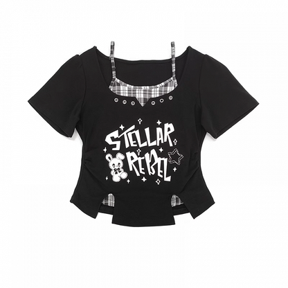 Y2K Black Print T-Shirt Pink/Black Faux Two-Pieces White Bunny