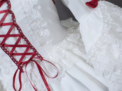 White and Wine Red Lace-up Bow Accents Lace Trim Sweet Princess Dress Lolita Jumper Skirt