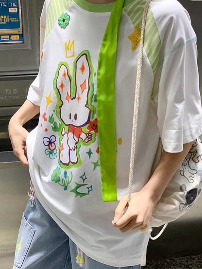 Cartoon Bunny Print White Round Neck Loose T-shirt