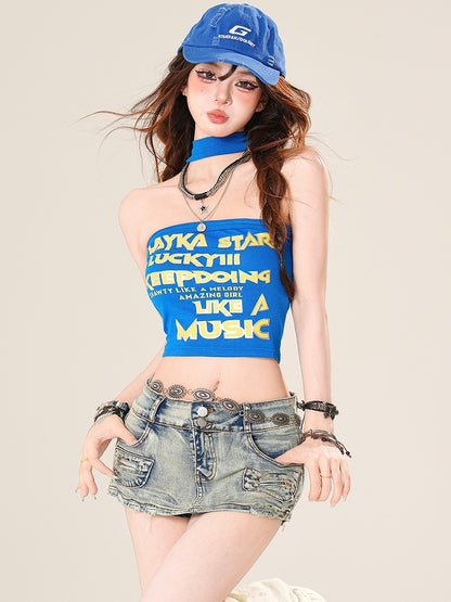 Letter Top Bittersweet Print Sleeveless Glamorous Red/Black/Blue