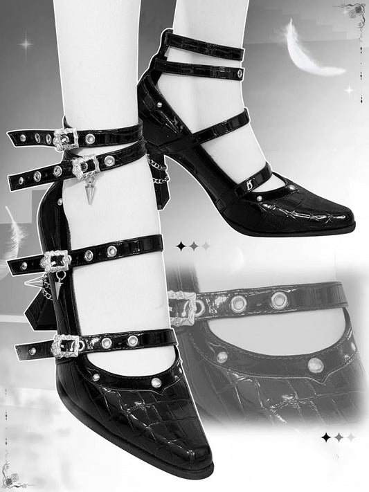 in Buckle Leather Faux Polished 8.5cm Gothic Heel High Crocodile Multiple Heels Straps with Black