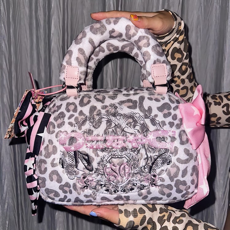 Gyaru Fashion Tote Bag with Big Bows Leopard Pattern