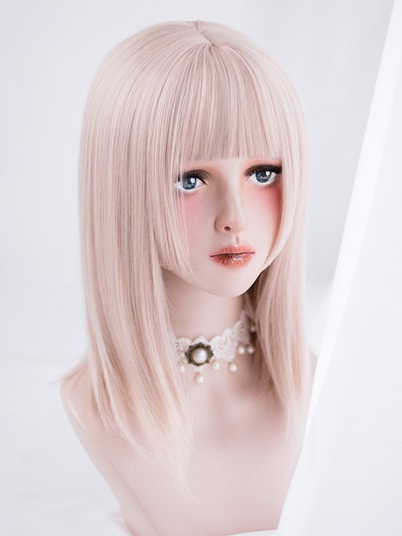Light Pink 42CM Above Bust Length Straight Wig With Full Bangs