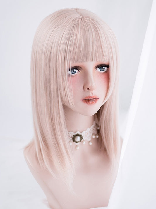 Light Pink 42CM Above Bust Length Straight Wig With Full Bangs