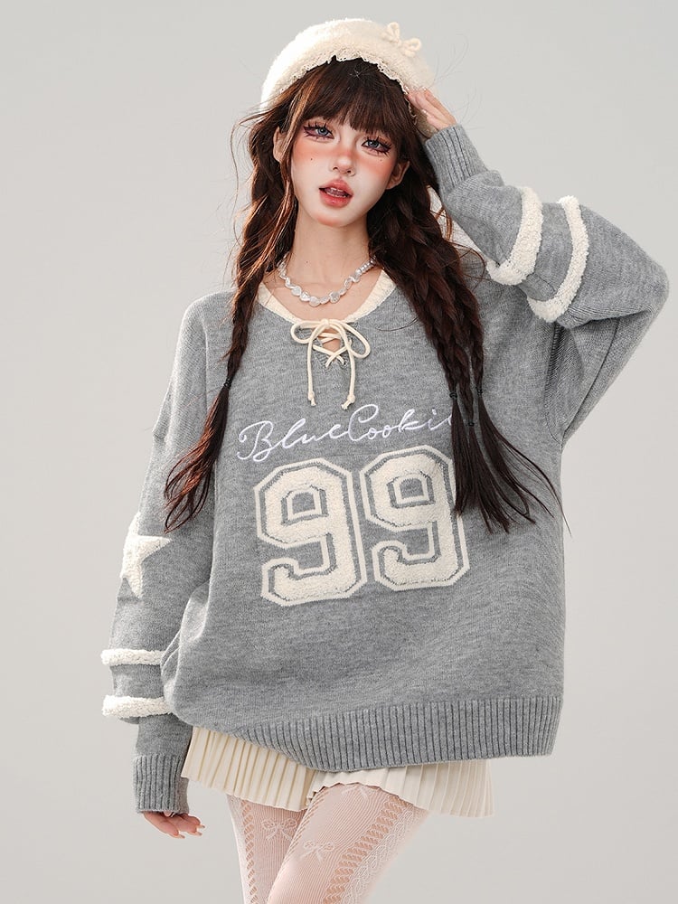 Red/Grey Numbers Lace-up Detail V-neck Loose Sweater