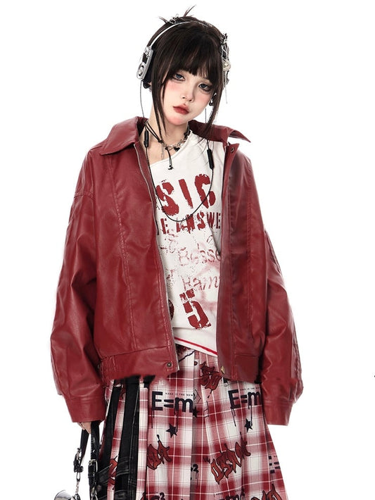 Red PU Leather Zip-up Jacket for Vintage Autumn